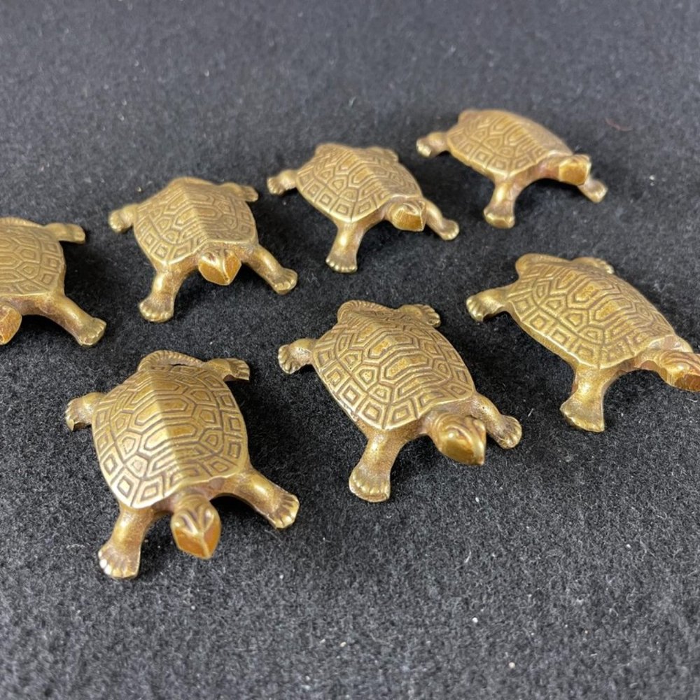 Rare Set of 7 Bronze Hand Carved Vintage Miniature Turtles